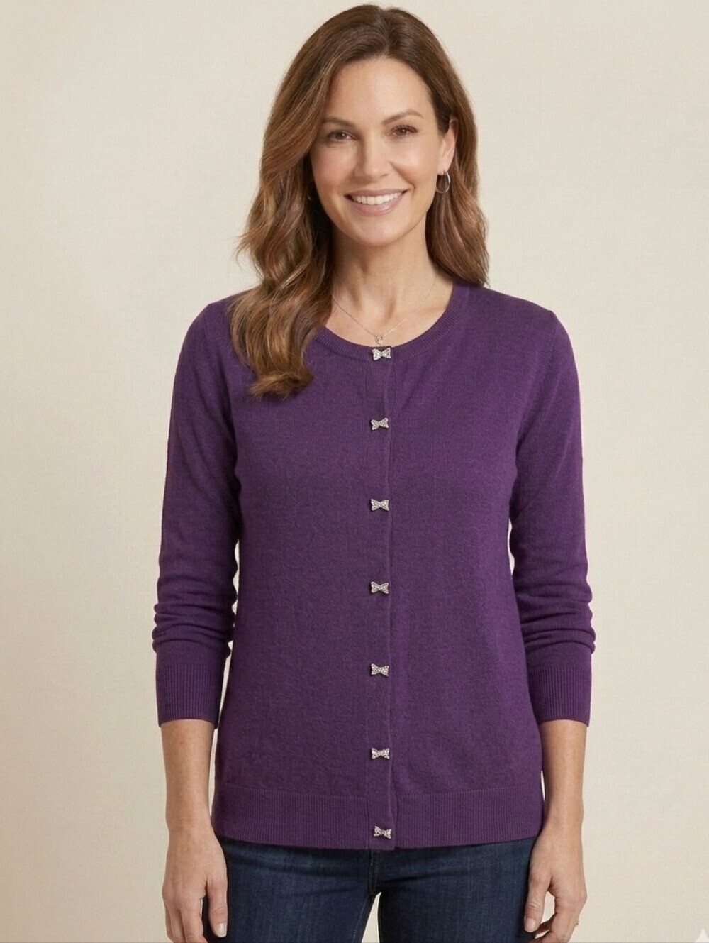 CABLE & GAUGE Adorable Rhinestone Bow Button Plum Cardigan, Size Small